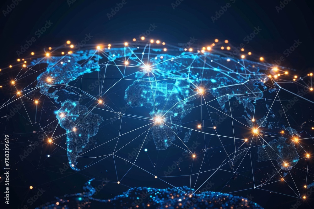 Poster illuminated map of the world, artistic image of the world map showing global networking, ai generate