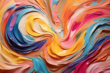 Captivating abstract art featuring a vibrant swirl of colors at its heart, surrounded by soft brush strokes that blend seamlessly. The composition is centered with a slight tilt