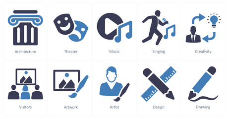 A set of 10 art icons as architecture, theater, music