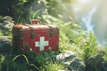 A vibrant red suitcase sits atop a verdant field, contrasting with the natural surroundings, Artistic rendering of a first aid kit in natural setting, AI Generated