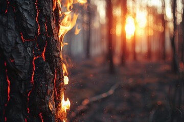 Close-up of a tree bark burning in a forest at dusk, the glowing embers contrasting with the dark surroundings, encapsulating the concept of nature's fragility and the impact of forest fires. - obrazy, fototapety, plakaty