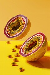 a passion fruit cut in half, yellow background, illustration made with Generative Ai