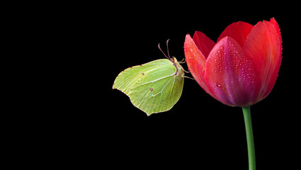 bright yellow butterfly on a red tulip flower in drops of dew. butterfly on tulip isolated on black. brimstones butterfly  - 788210202