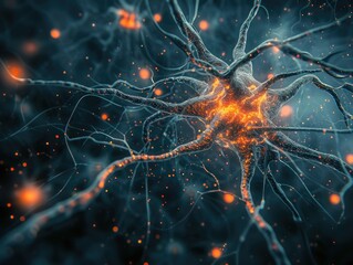Macro shot of a neuron with electrical impulses, depicting neural network structure. Human nerve system research and AI concept. AI Integration - obrazy, fototapety, plakaty
