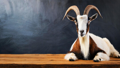 Close-up of an empty wooden table and a white and brown horned mountain goat looking at camera, empty blackboard on background with copy space. Template for dairy products. Generative Ai.