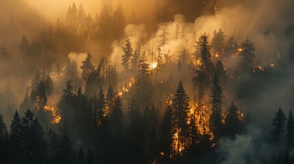 Thick smoke enveloping a dense forest as flames ravage through the trees, an urgent call to action against the threats of climate change - obrazy, fototapety, plakaty