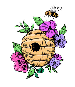 recommend clip art: Bee hive, vector sketch illustration, hand drawn, black outline, tattoo design, coloring list