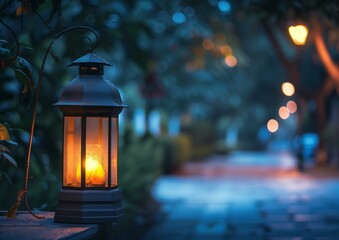 Tranquil Evening Ambience with Illuminated Street Lantern in Lush Park Setting