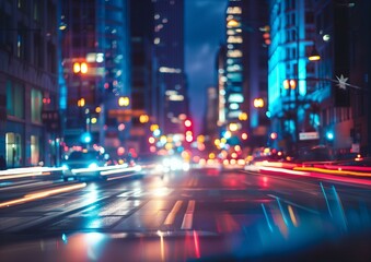Fototapeta na wymiar Vibrant Night City Street Bokeh Lights with Traffic and Urban Skyline
