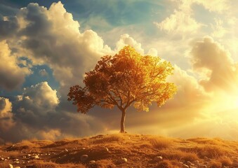 Majestic Lonely Tree on Hill at Golden Sunset with Dramatic Sky and Sun Rays