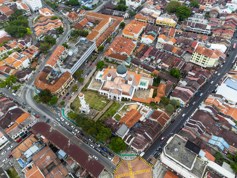 George Town, Malaysia: Aerial view of the historic George Town UNESCO city center with the Kapitan Keling Mosque in Penang island.