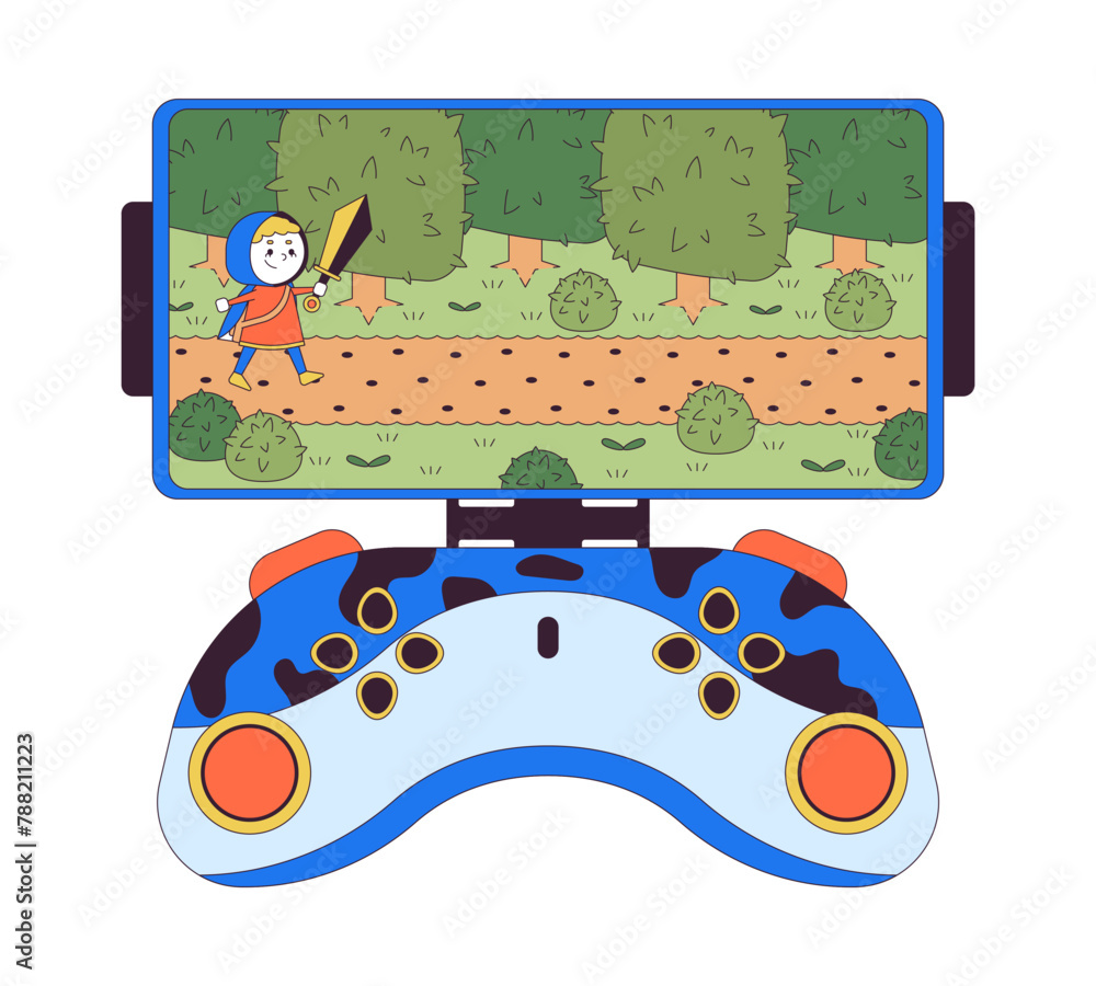 Poster arcade game on smartphone gamepad 2d linear cartoon object. cellphone gaming joystick isolated line 