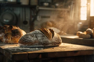 Selbstklebende Fototapeten Artisanal bread with flour dust on a wooden board, backlit by warm sunlight in a rustic bakery.. Freshly baked bread on wooden table in bakery shop, closeup. © vachom