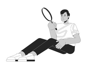 Indian man looking through magnifying glass black and white 2D line cartoon character. Investigator isolated vector outline person. Attention to details monochromatic flat spot illustration