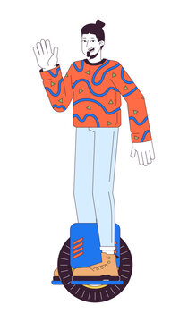 recommend clip art: Happy guy riding electric unicycle scooter 2D linear cartoon character. Caucasian male isolated line vector person white background. Gadget man greeting gesture color flat spot illustration