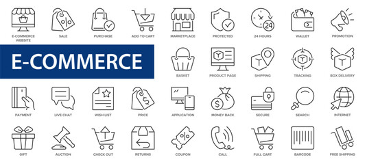 E-Commerce line icons. E-commerce, online shopping and delivery icon. Thin linear icons collection