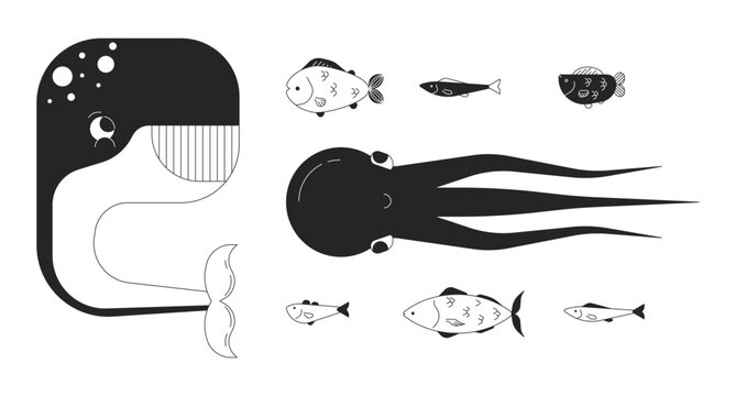 Deep sea creatures black and white 2D line cartoon characters set. Saltwater habitats isolated vector outline personages. Wildlife researching monochromatic flat spot illustrations collection