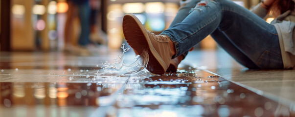 Person slipping and falling on a wet floor.