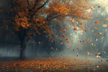 A vibrant forest scene filled with countless leaves dancing through the air in a mesmerizing display, Autumn trees shedding leaves in a stormy weather, AI Generated - obrazy, fototapety, plakaty