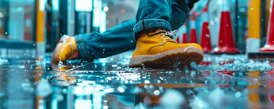 Person slipping and falling on a wet floor.