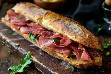 A photo of a sub sandwich featuring layers of meat and cheese placed on a cutting board, Baguette sandwich with thin slices of Culatello di Zibello, AI Generated - obrazy, fototapety, plakaty