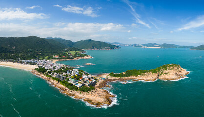 Shek O, Hong Kong: Aerial drone footage of the idyllic Shek O beach and luxury real estate in Hong...