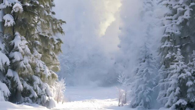 A photo showcasing a wintry forest covered in snow, with a multitude of trees creating a dense and picturesque landscape, Evergreen forest in the heart of winter