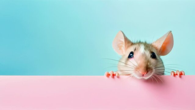 Animation of a funny mouse on pastel pink and blue background with copy space for text. High quality 4k footage
