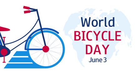Cycle and world map. World Bicycle Day illustration. June 3. Car free day. Horizontal banner in flat design. 