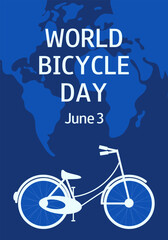 Bike silhouette on the world map. World Bicycle Day banner, greeting cards, poster. June 3. 