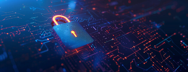 lock on blue background, Digital padlock for computing system on dark blue background, cyber security, Digital padlock for quantum computing system, cyber security technology, fraud prevention, Ai 