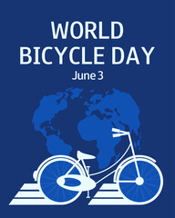 Bicycle on the world map. World Bicycle Day. June 3. Vertical banner, greeting cards, presentation, flyer. 