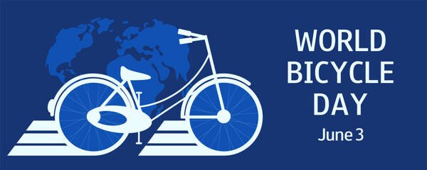 World Bicycle Day illustration. June 3. Car free day. Blue  horizontal greeting card, banner, poster. 