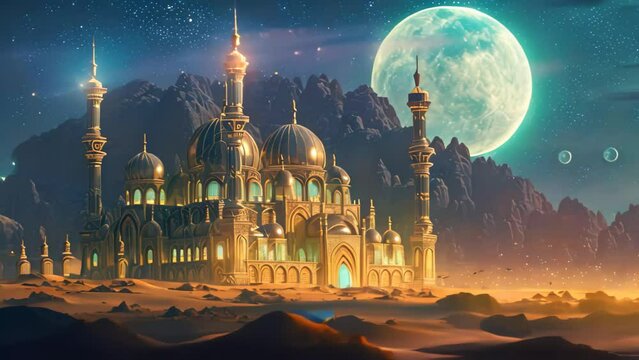 A painting depicting a desert landscape with a full moon shining brightly in the background, Extravagant palace glistening under the full moon in an Arabian desert