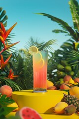 Fresh juice in a glass cup and assorted fruits with a delicious and healthy drink