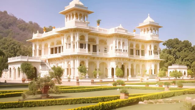 A photograph of a sizable white building featuring a well-manicured garden in the foreground, Extravagant palaces in the heart of India