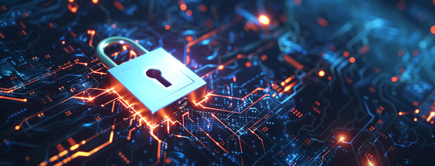 Code Digital padlock for computing system on dark blue background, cyber security, Digital padlock for quantum computing system, cyber security technology, fraud prevention and privacy protection, Ai