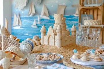 A table topped with a meticulously crafted sand castle and adorned with seashells, Beach-themed birthday party complete with sandcastles and seashells, AI Generated