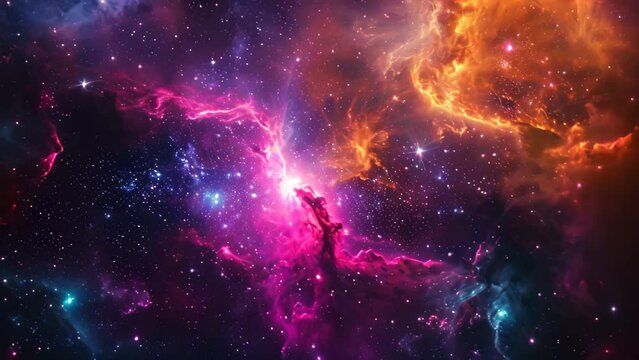 The photo depicts a vibrant space scene adorned with numerous stars and billowing clouds, Fantasy-inspired vibrant nebula cloud in an alien galaxy
