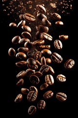Roasted coffee beans levitating on black background, creating a striking visual display