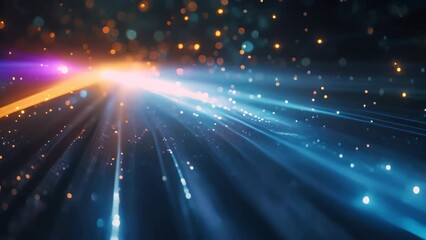 A photograph showcasing a lively blue and yellow background adorned with brightly lit lights, Fiber optic cables with light signals passing through