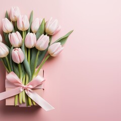Elegant Pink Tulips in a Box with Ribbon on a Soft Pastel Background