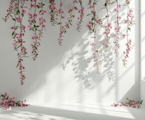 Pink and white flowers on a white wall