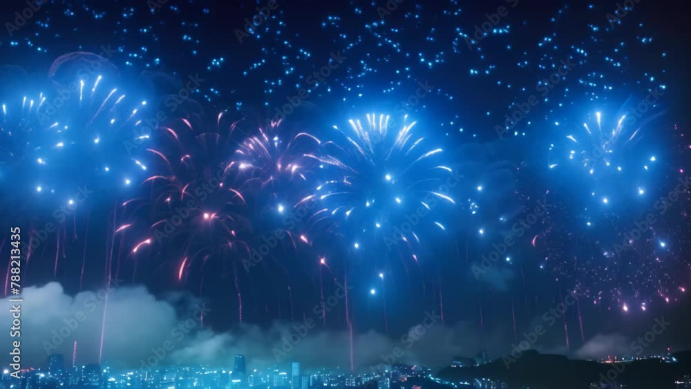 Poster vibrant fireworks burst and light up the night sky during a festive celebration, fireworks exploding