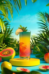 Fresh juice in a glass cup and assorted fruits with a delicious and healthy drink