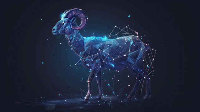 Abstract image of a ram in the form of a starry sky or space, consisting of points, lines, and shapes in the form of planets, stars and the universe. AI generated