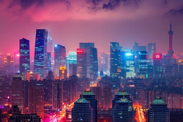 Obraz premium A Vibrant Cityscape With Numerous Tall Buildings Illuminated at Night, Beijingâ€™s skyline with recognizable CCTV Headquarters, AI Generated