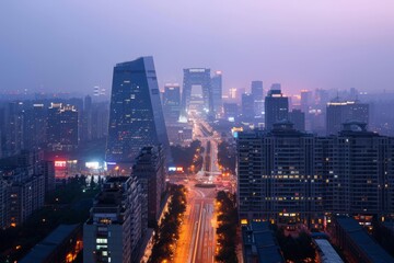 Panoramic Night View of City From Buildings Rooftop, Beijing&acirc;&euro;&trade;s skyline with recognizable CCTV Headquarters, AI Generated