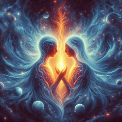 Twin flame couple. Soulmates. The concept of magical, esoteric, tantric, spiritual love. Connection between souls. Illustration for websites and much more. Created using generative ai tools.