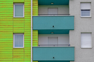 Modern building facade with closed windows and balconies exterior - obrazy, fototapety, plakaty